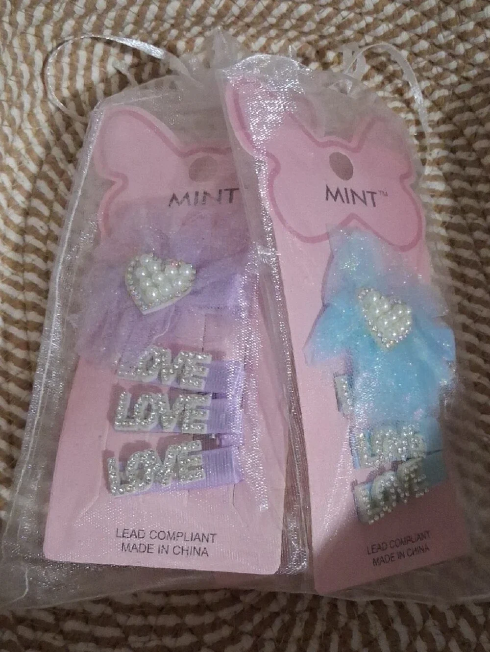 Mint Pastel Pink Hair Clips Set with Pearl Hearts (Purple & Blue Accents)